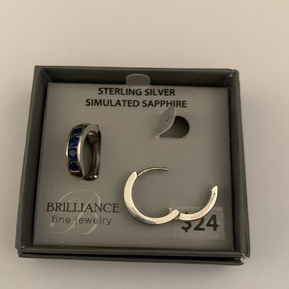 Sterling Silver Simulated Dark Blue Sapphire Earring - Picture 3 of 4